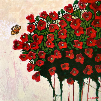 red flowers and monarch butterfly