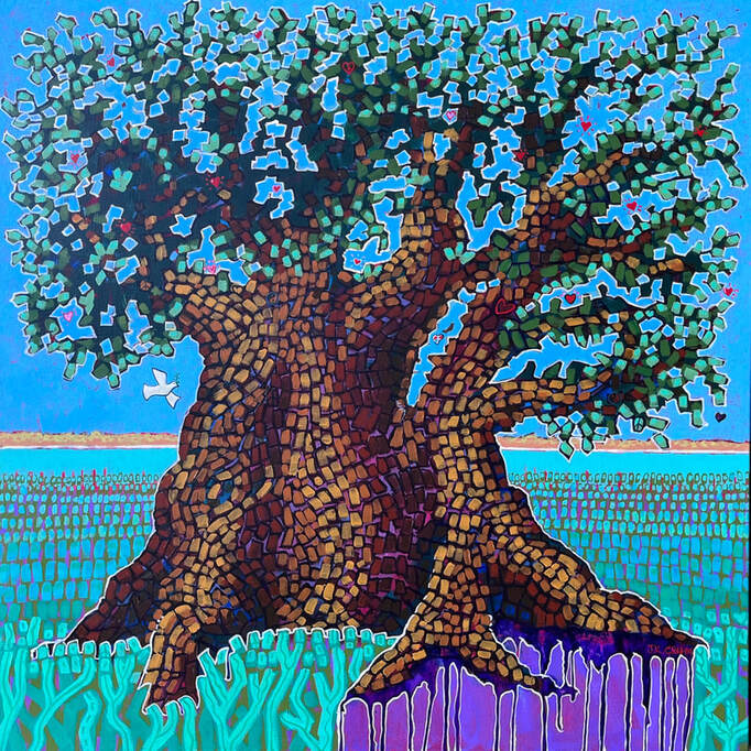 Tree of Life mosaic, pointilism painting