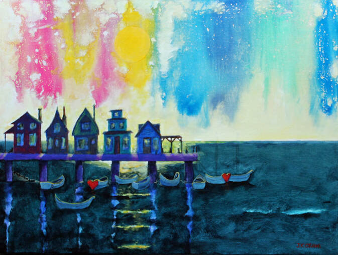 Whimsical fishing village on pier during northern lights.
