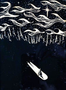 wood block print of VW on woods, 1968