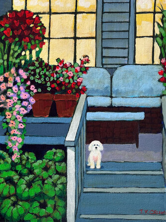 Back porch with plants and pet dog